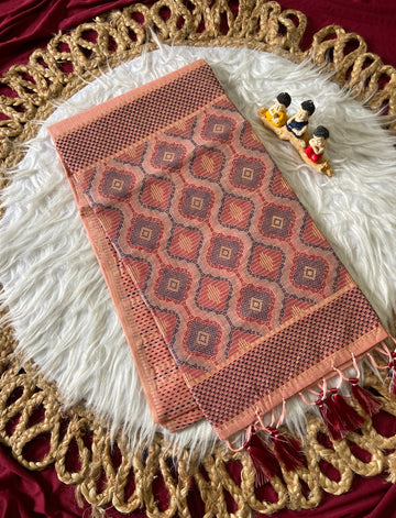 Peach Muga Cotton Woven Motif Saree