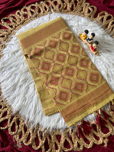 Lemon Yellow Muga Cotton Woven Motif Saree