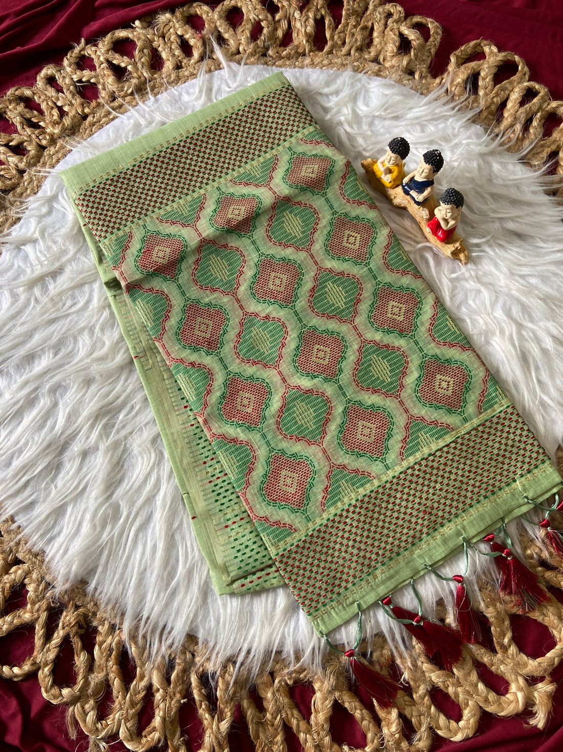 Pista Green Muga Cotton Woven Motif Saree