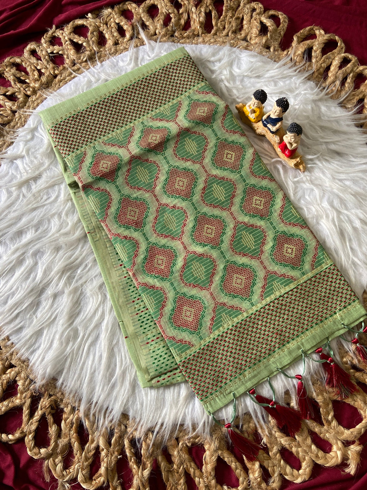 Pista Green Muga Cotton Woven Motif Saree