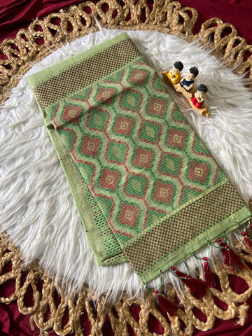 Pista Green Muga Cotton Woven Motif Saree