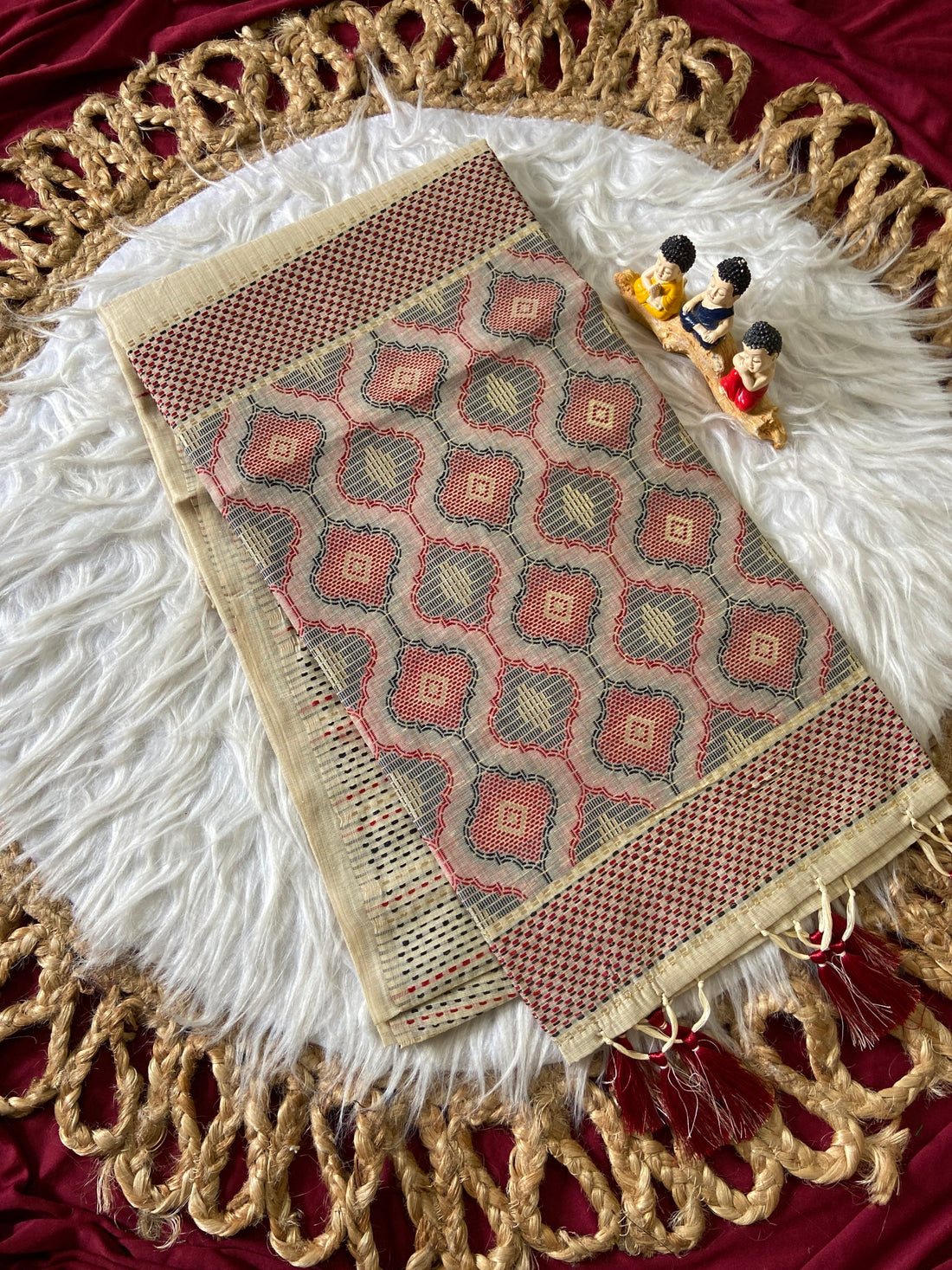 Beige Muga Cotton Woven Motif Saree