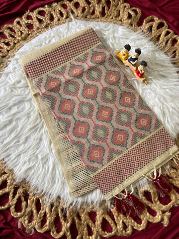 Beige Muga Cotton Woven Motif Saree
