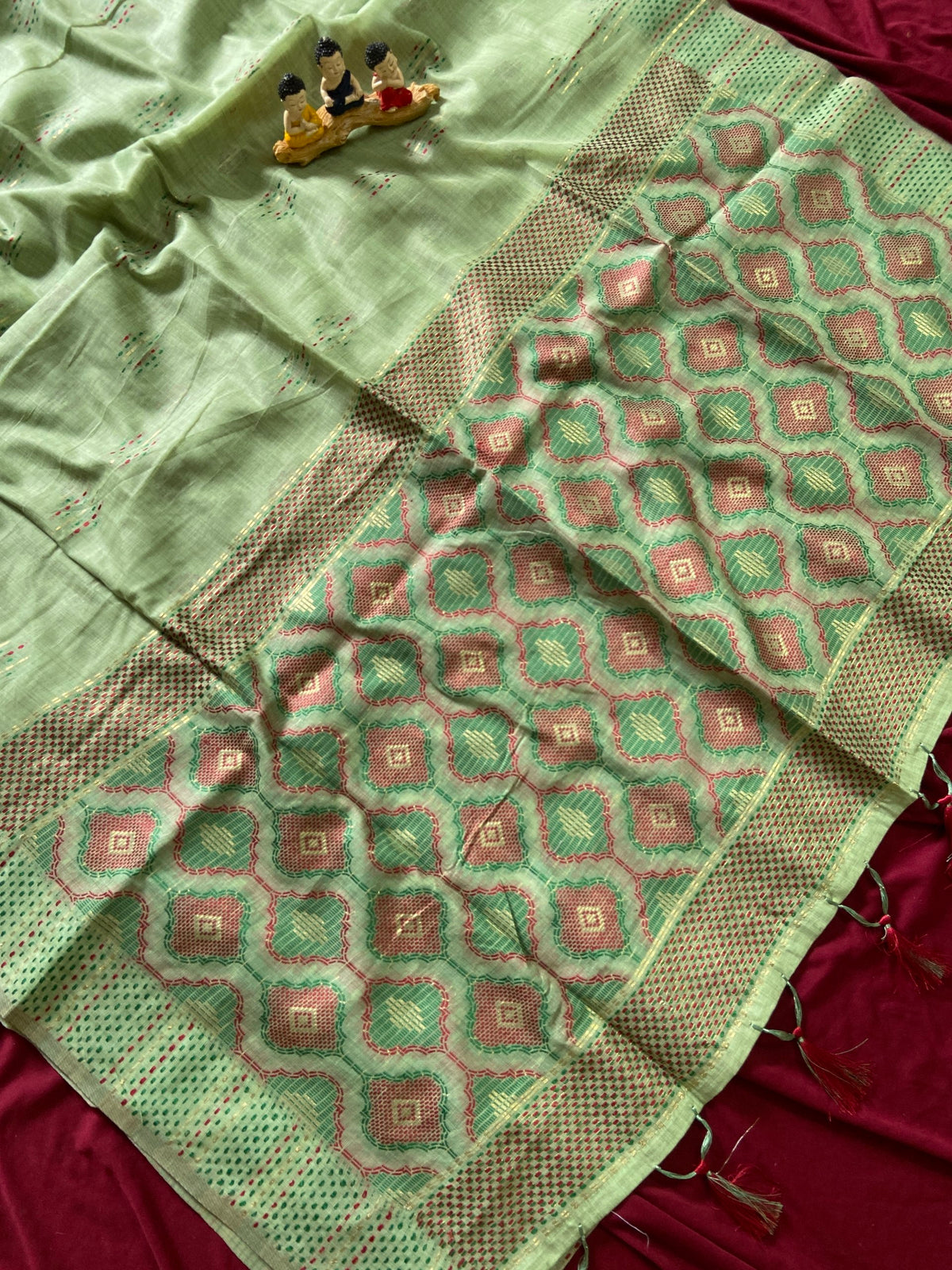 Pista Green Muga Cotton Woven Motif Saree, view 2