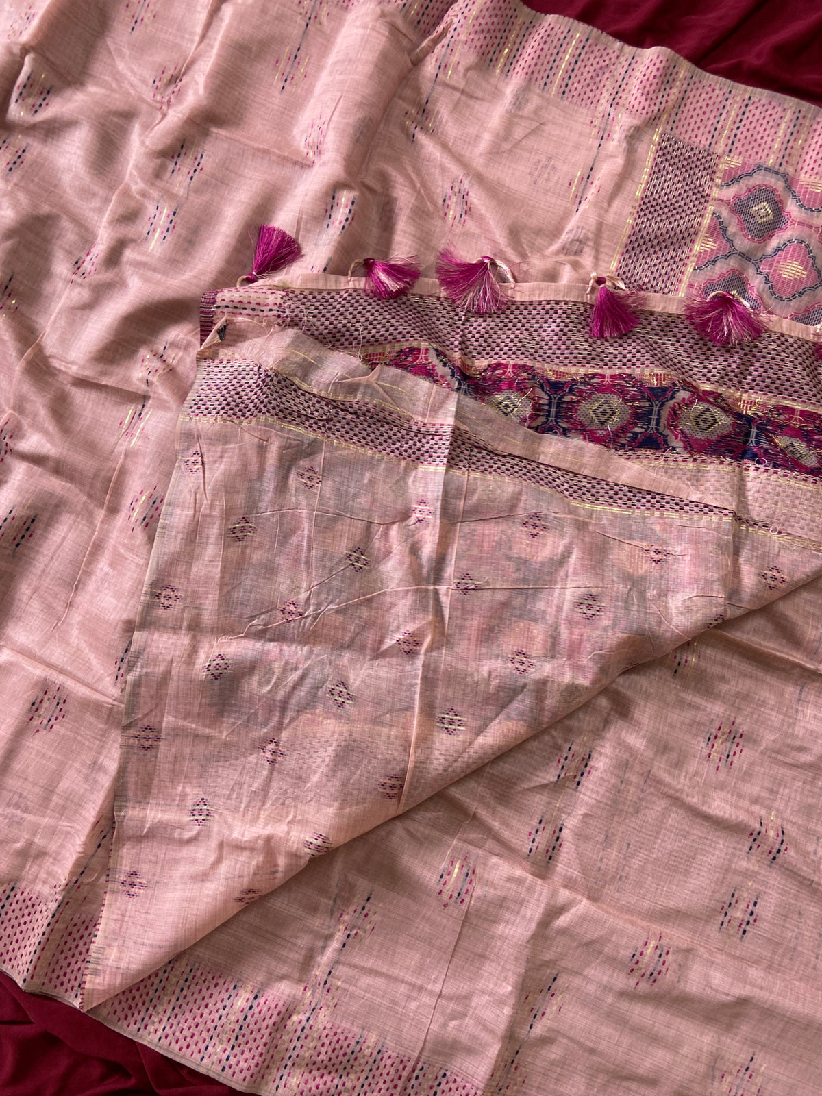 Baby Pink Muga Cotton Woven Motif Saree, view 4
