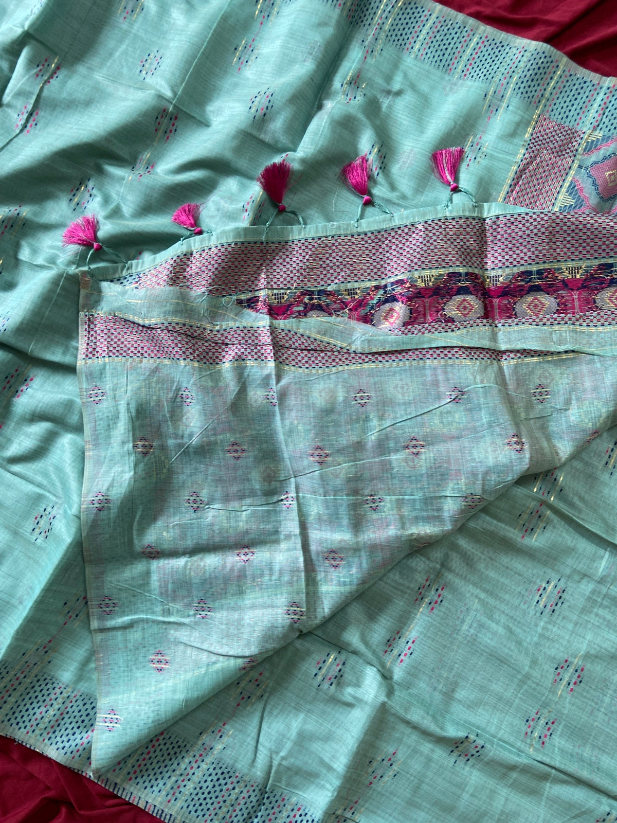 Sky Blue Muga Cotton Woven Motif Saree, view 4