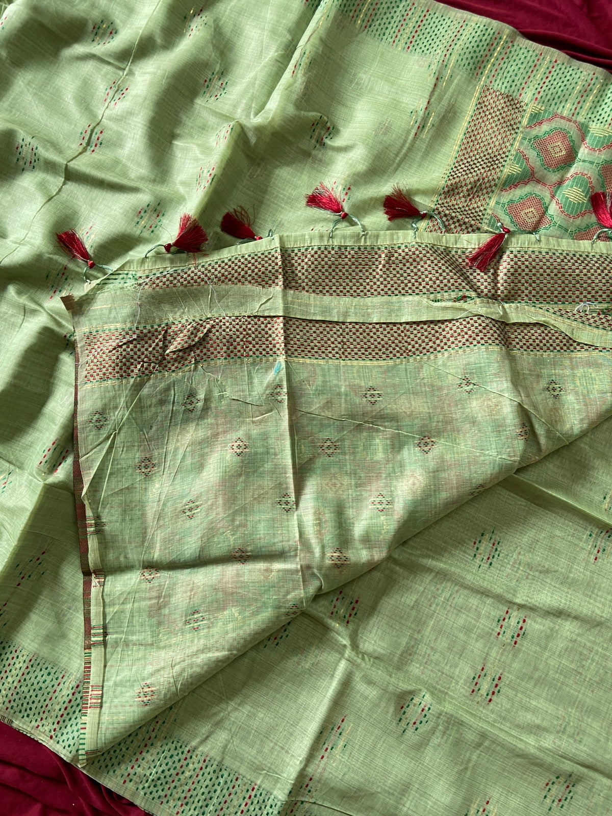 Pista Green Muga Cotton Woven Motif Saree, view 4
