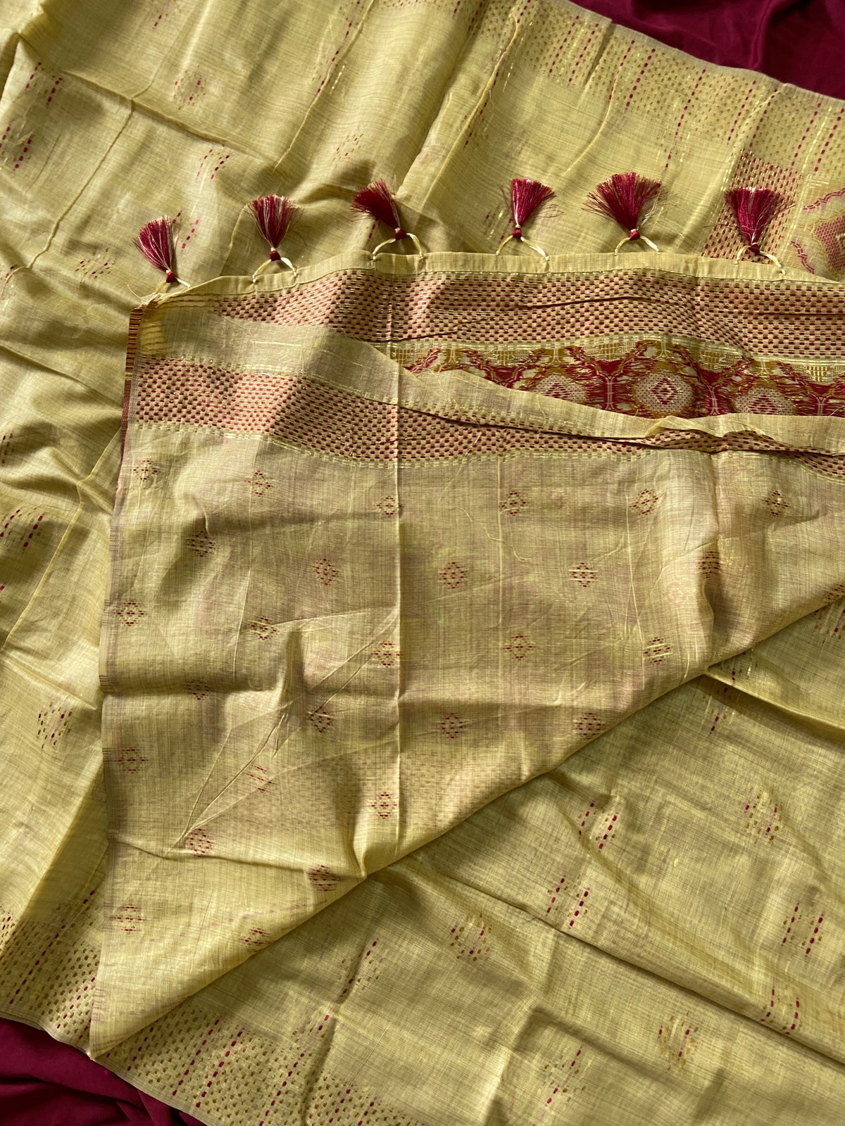 Lemon Yellow Muga Cotton Woven Motif Saree, view 4