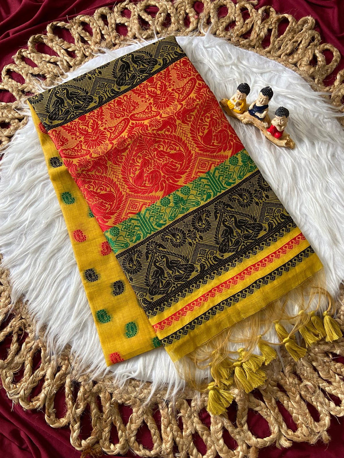 Yellow Muga Cotton Ganga Jamuna Border Saree