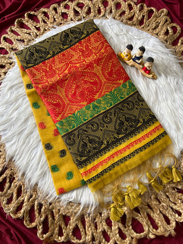 Yellow Muga Cotton Ganga Jamuna Border Saree
