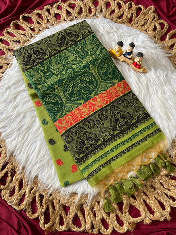 Green Muga Cotton Ganga Jamuna Border Saree