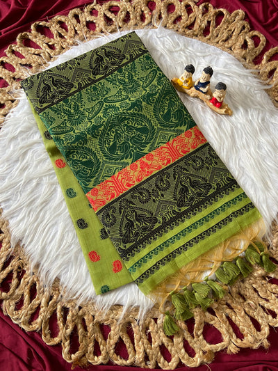 Green Muga Cotton Ganga Jamuna Border Saree