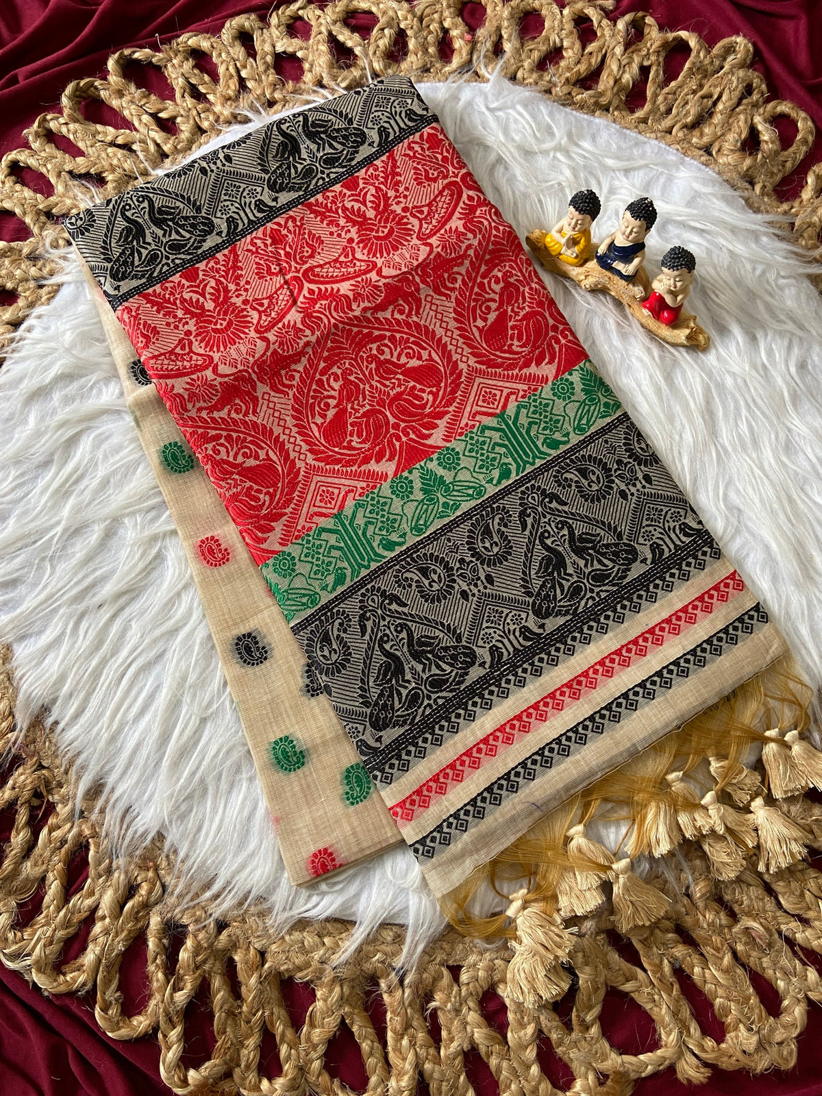 Off-White Muga Cotton Ganga Jamuna Border Saree