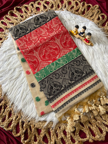 Off-White Muga Cotton Ganga Jamuna Border Saree
