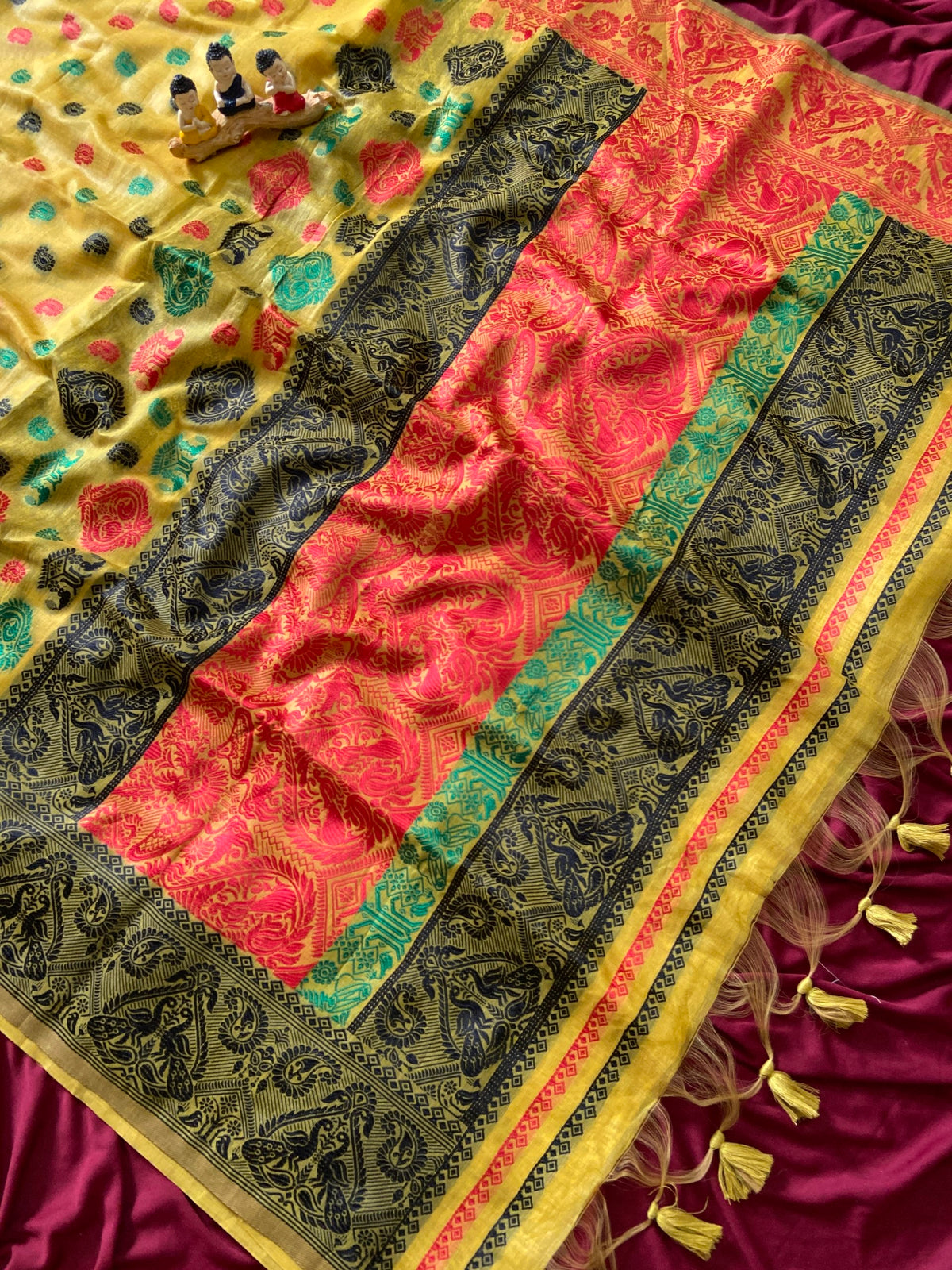 Yellow Muga Cotton Ganga Jamuna Border Saree, view 2