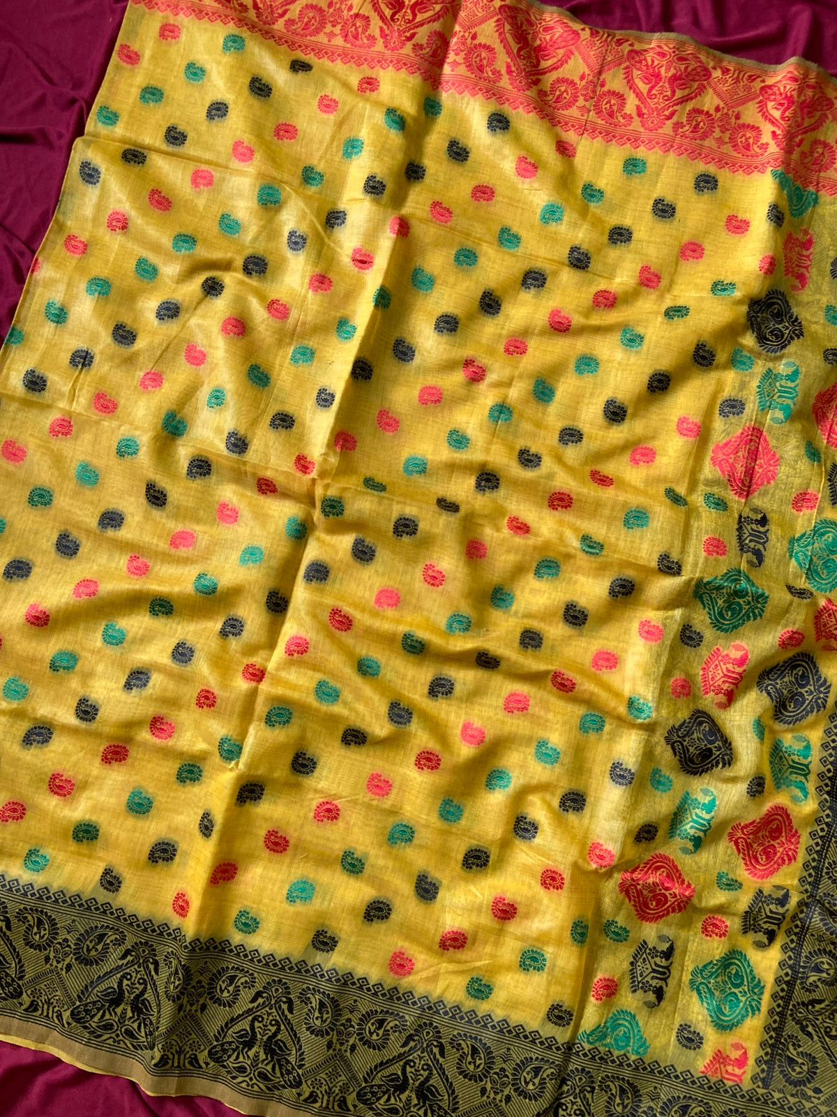 Yellow Muga Cotton Ganga Jamuna Border Saree, view 3