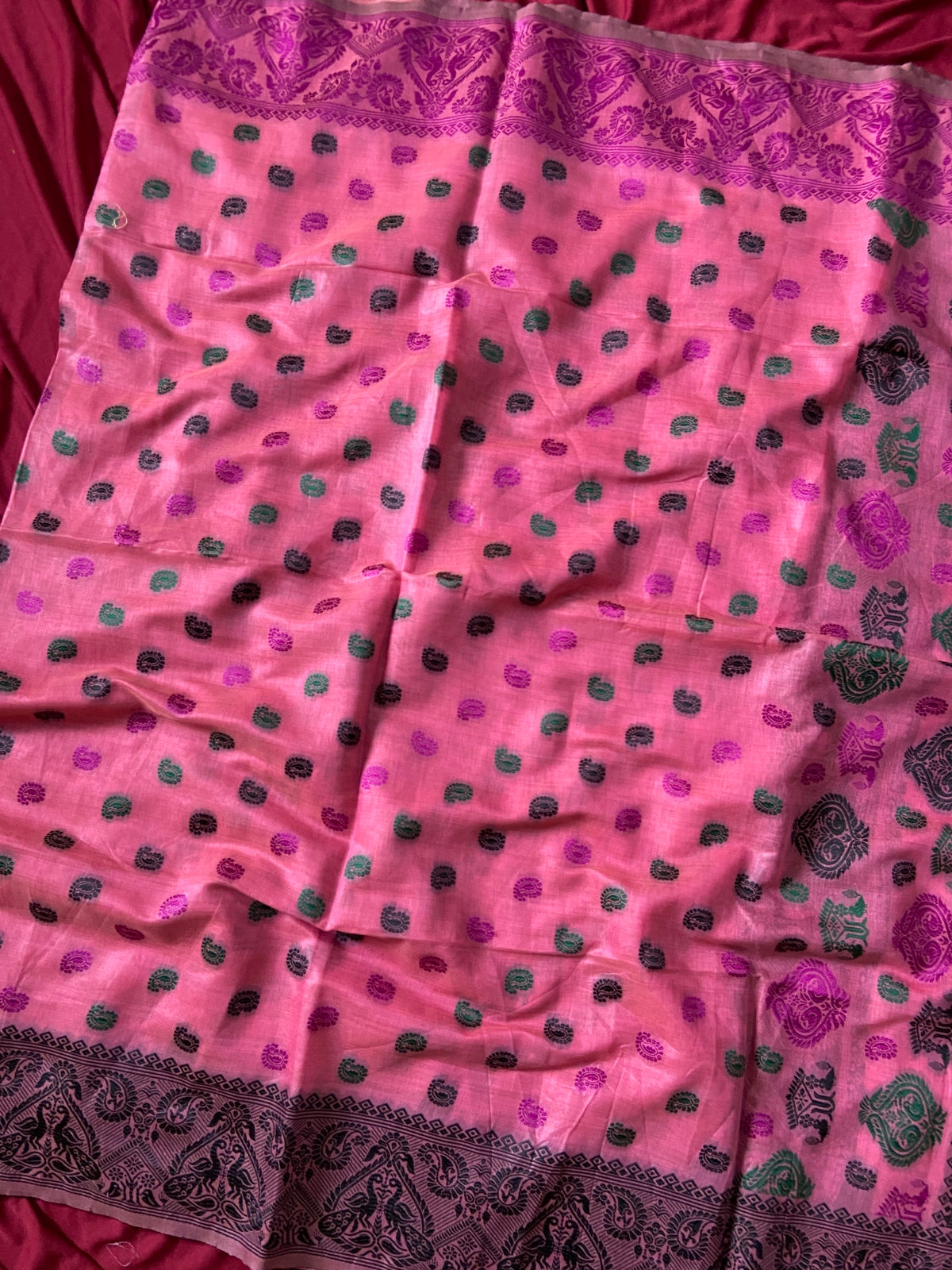 Pink Muga Cotton Ganga Jamuna Border Saree, view 3