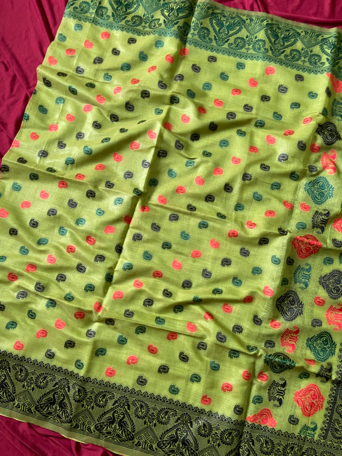 Green Muga Cotton Ganga Jamuna Border Saree, view 3