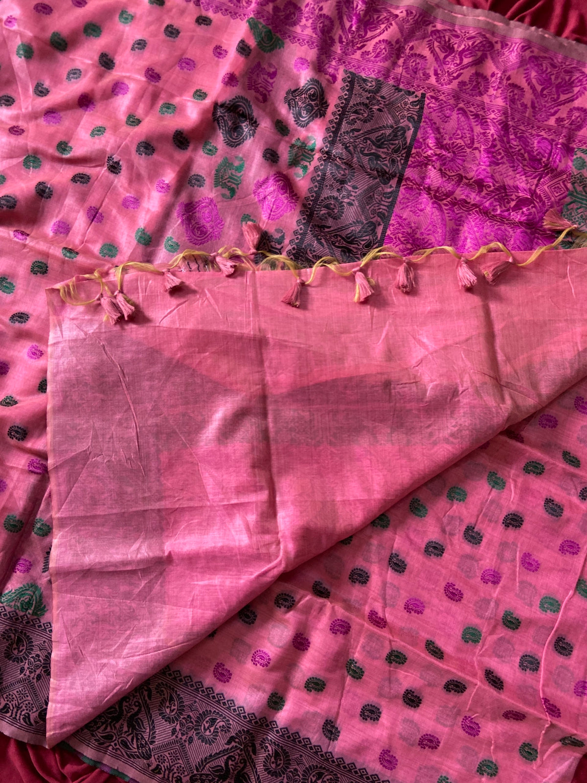 Pink Muga Cotton Ganga Jamuna Border Saree, view 4