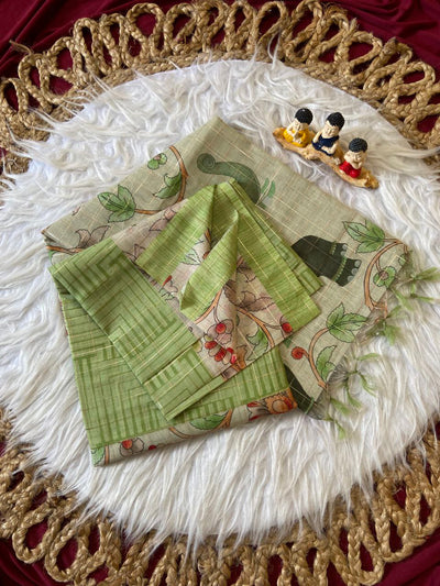 Pista Green Semi Tussar Silk Elephant Print Saree