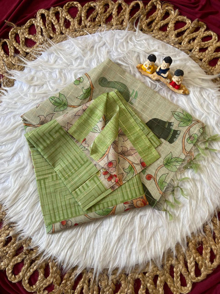 Pista Green Semi Tussar Silk Elephant Print Saree