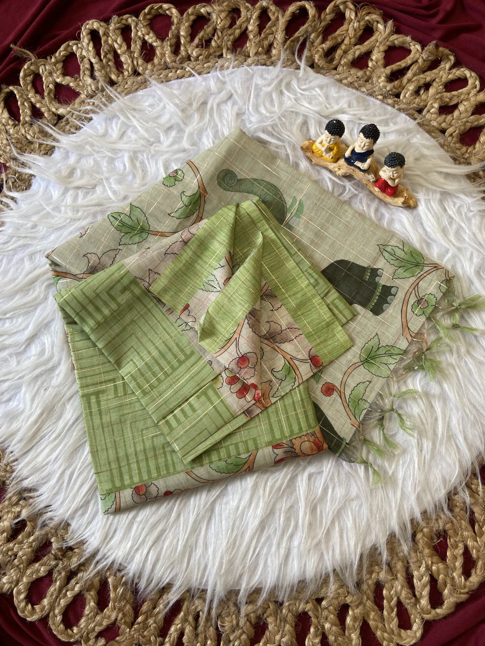 Pista Green Semi Tussar Silk Elephant Print Saree