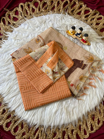 Orange Semi Tussar Silk Elephant Print Saree