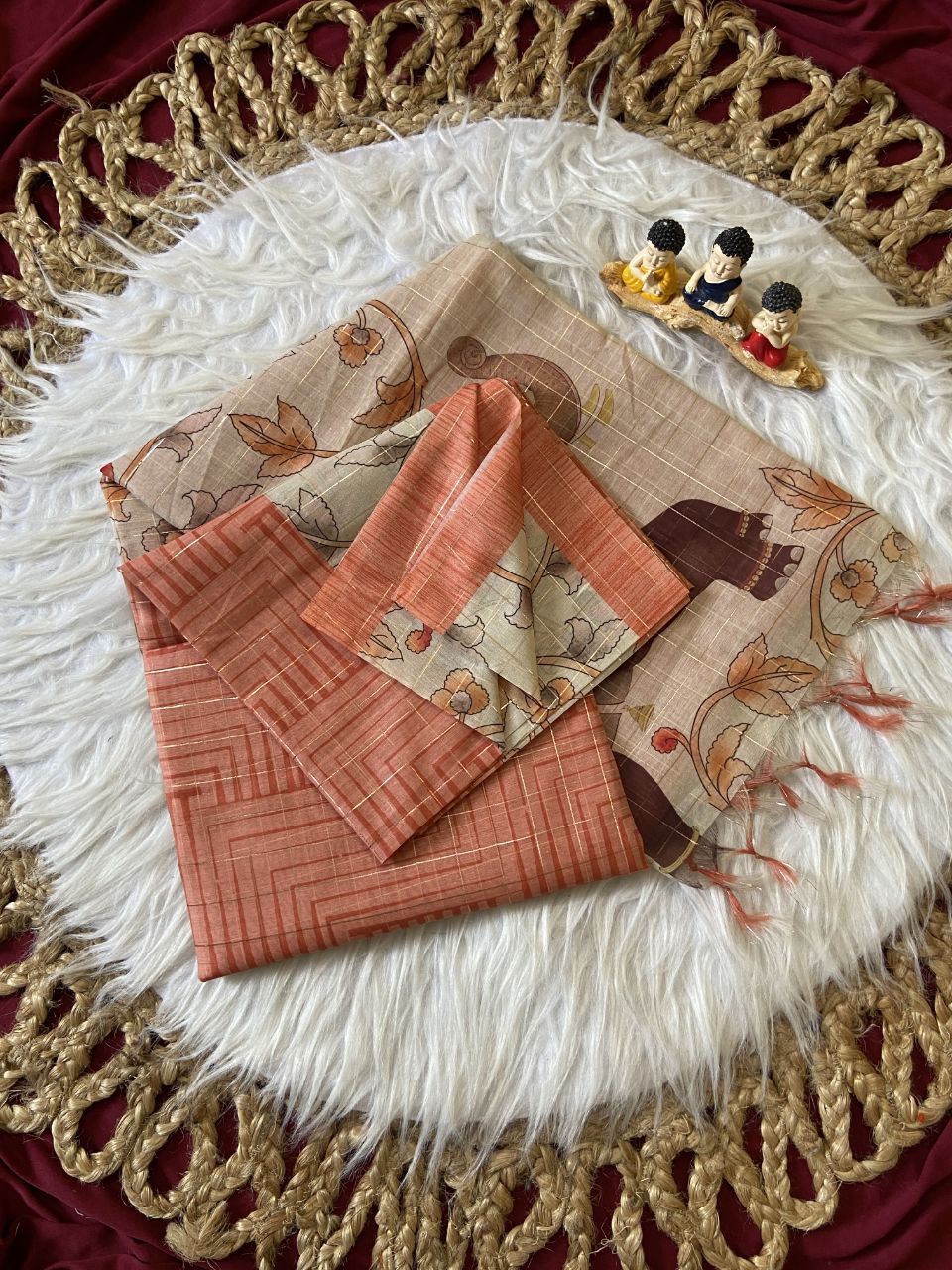 Coral Peach Semi Tussar Silk Elephant Print Saree