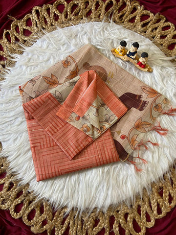 Coral Peach Semi Tussar Silk Elephant Print Saree
