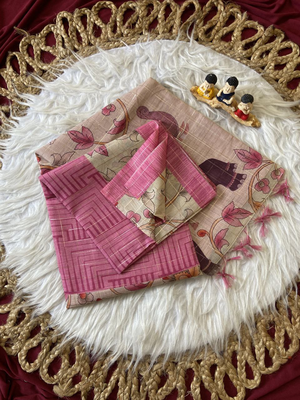 Pink Semi Tussar Silk Elephant Print Saree