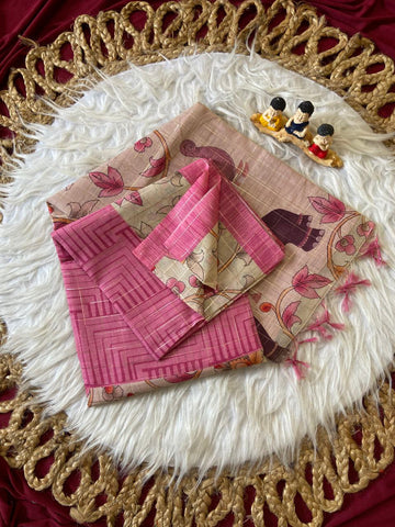 Pink Semi Tussar Silk Elephant Print Saree