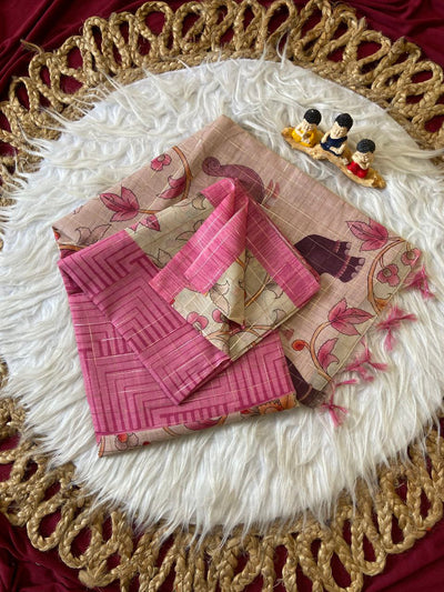 Pink Semi Tussar Silk Elephant Print Saree