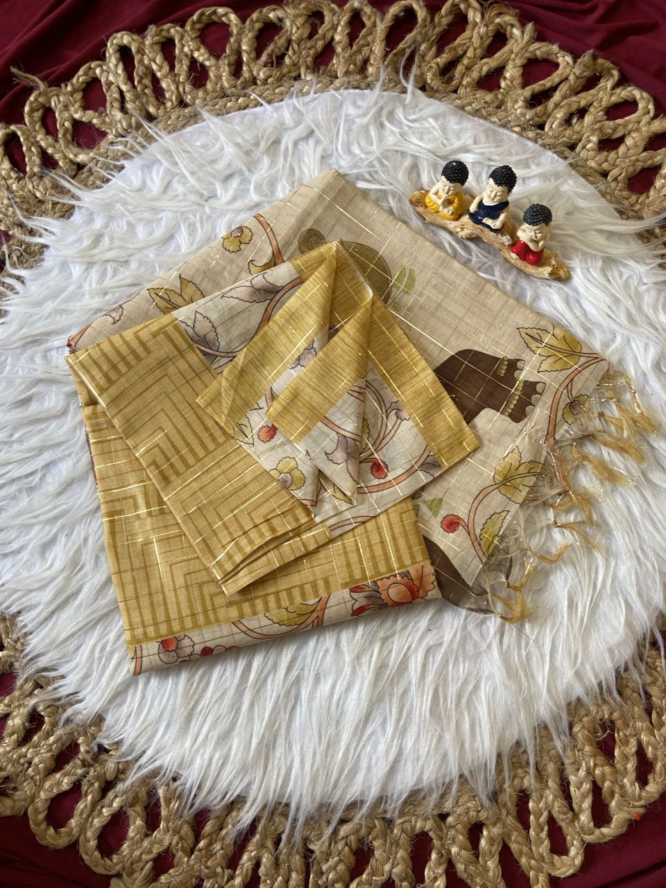 Mustard Semi Tussar Silk Elephant Print Saree
