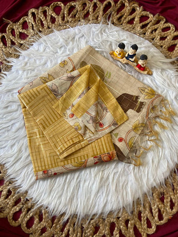 Mustard Semi Tussar Silk Elephant Print Saree