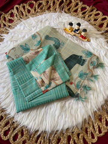 Teal Semi Tussar Silk Elephant Print Saree