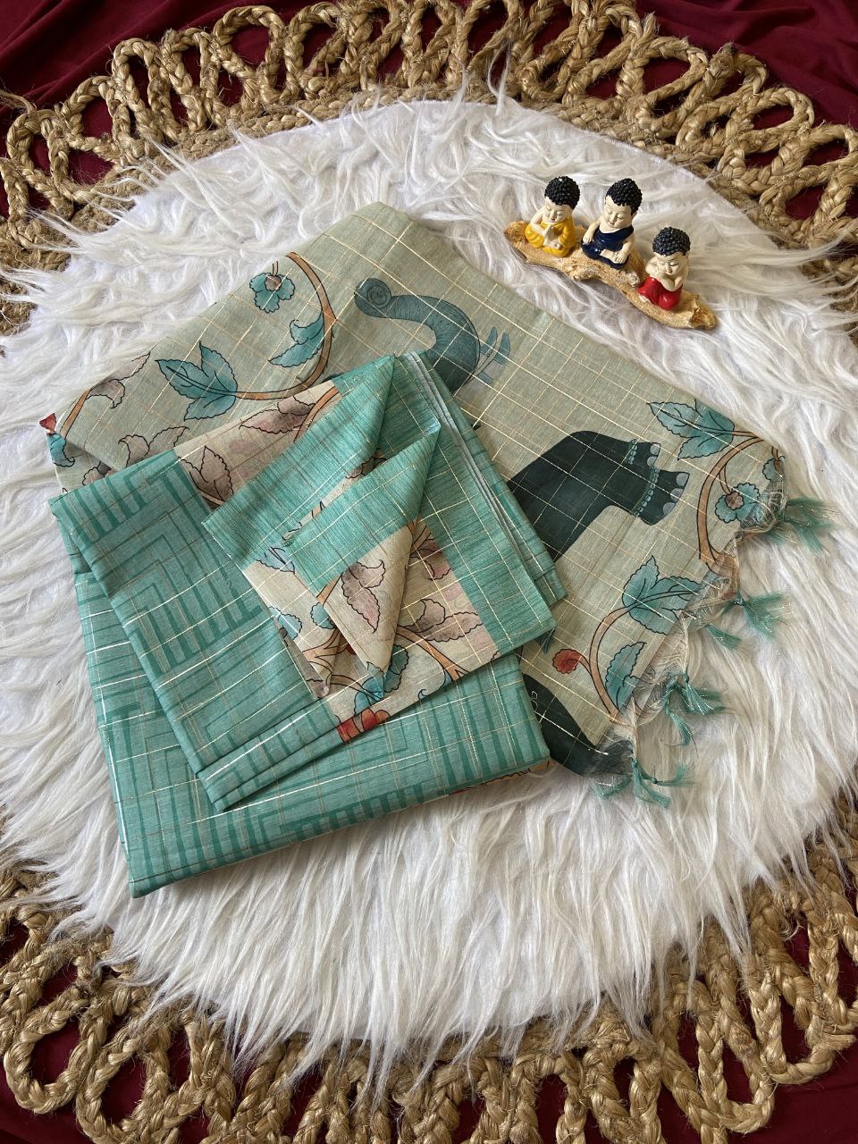 Teal Semi Tussar Silk Elephant Print Saree