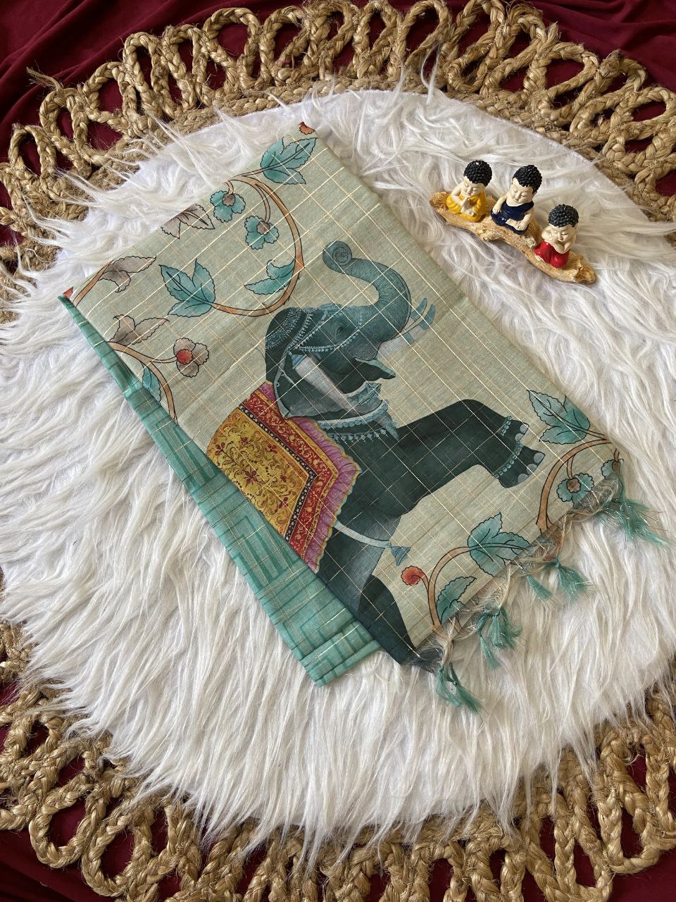 Teal Semi Tussar Silk Elephant Print Saree, view 2
