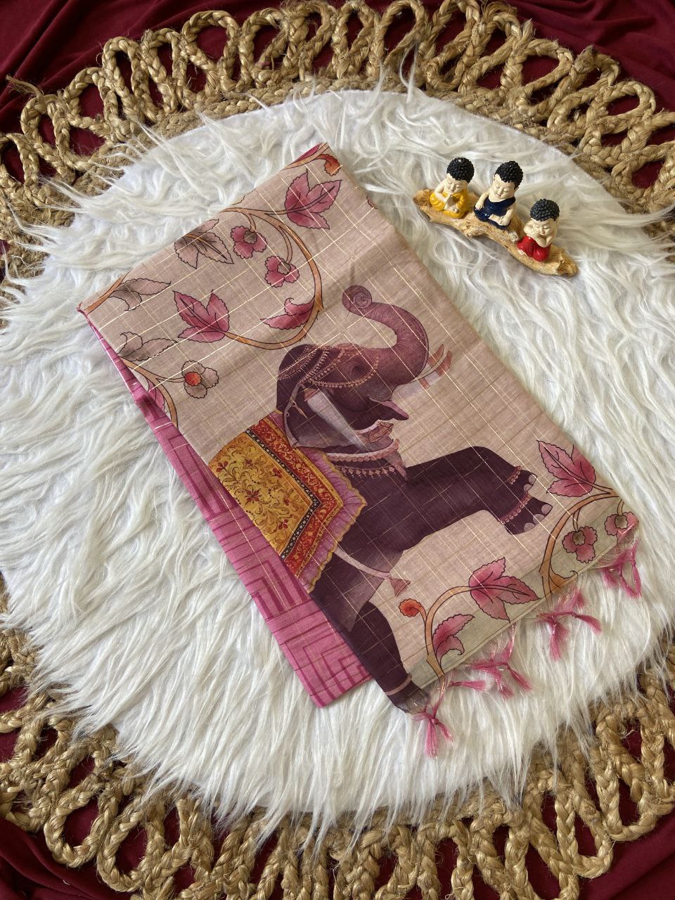 Pink Semi Tussar Silk Elephant Print Saree