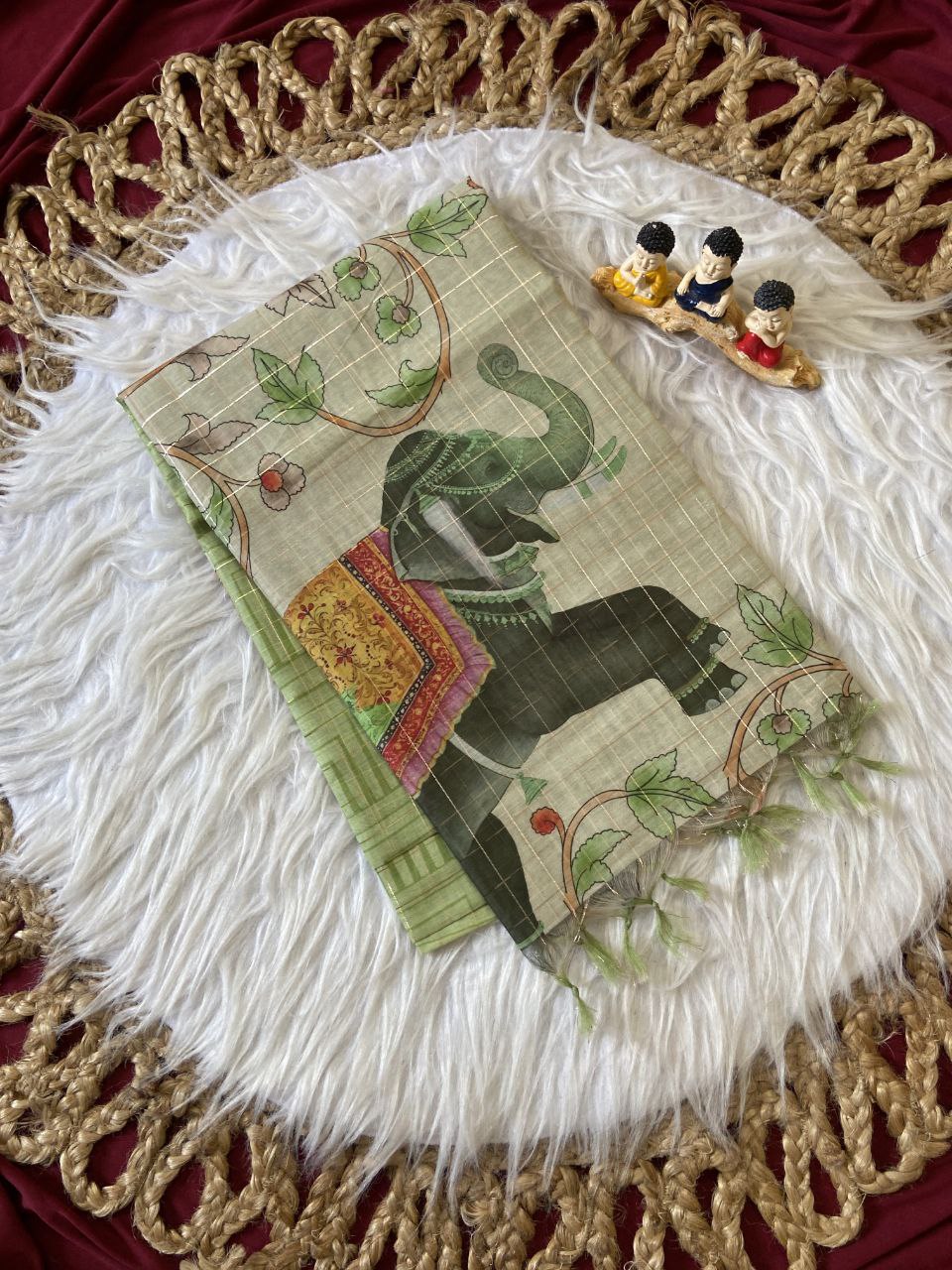 Pista Green Semi Tussar Silk Elephant Print Saree, view 2