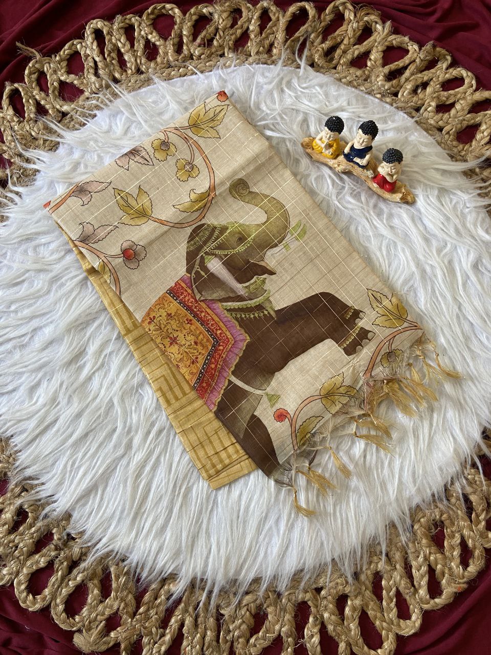 Mustard Semi Tussar Silk Elephant Print Saree, view 2