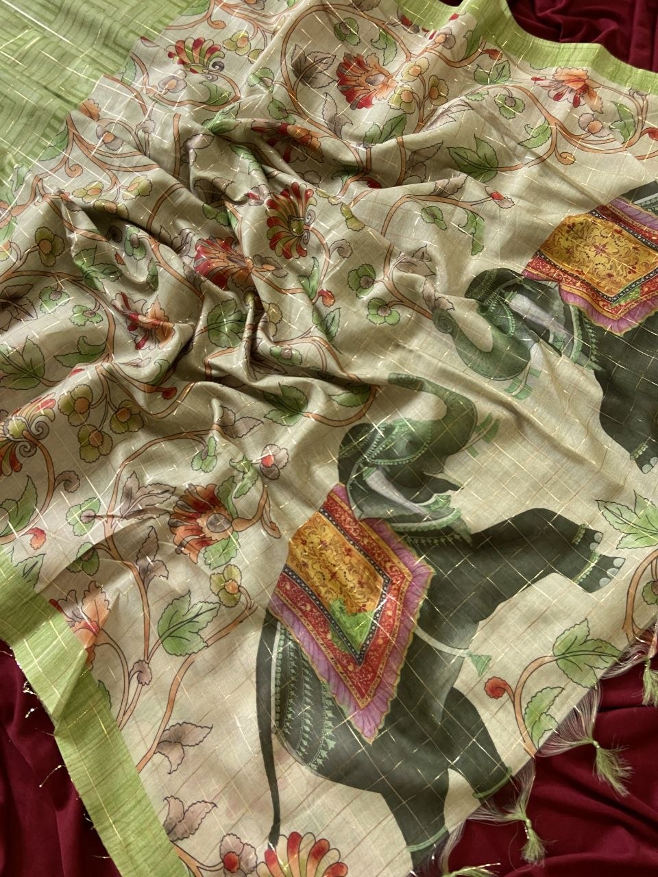 Pista Green Semi Tussar Silk Elephant Print Saree, view 4