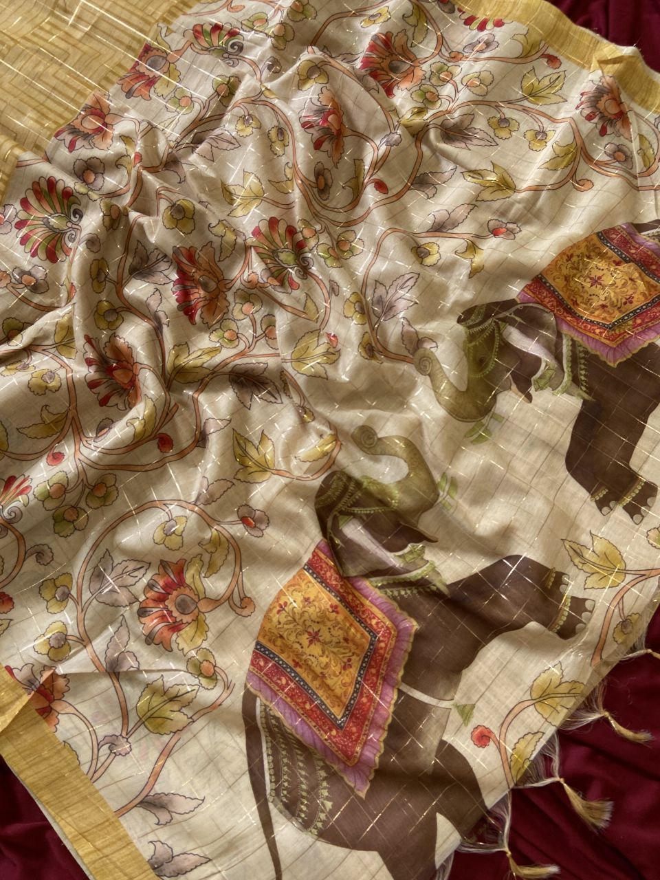 Mustard Semi Tussar Silk Elephant Print Saree, view 4