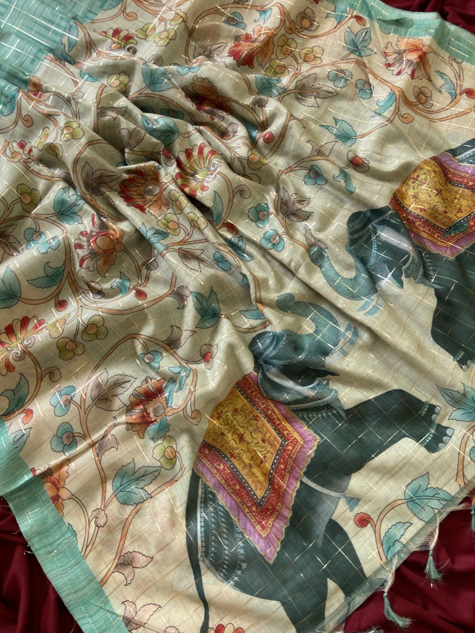 Teal Semi Tussar Silk Elephant Print Saree, view 4