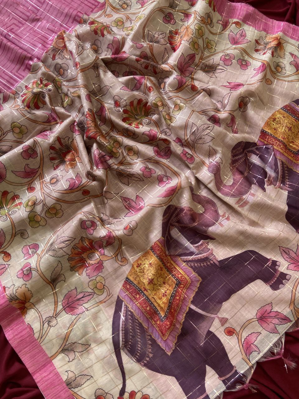 Pink Semi Tussar Silk Elephant Print Saree, view 4