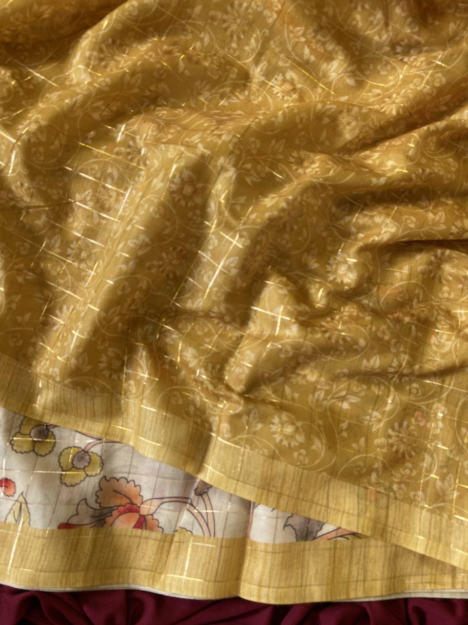 Mustard Semi Tussar Silk Elephant Print Saree, view 3