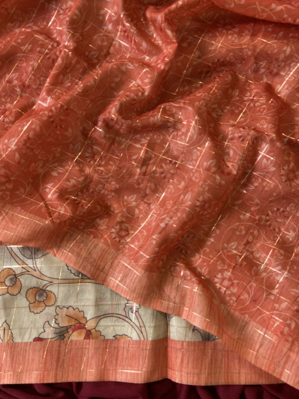 Coral Peach Semi Tussar Silk Elephant Print Saree, view 3