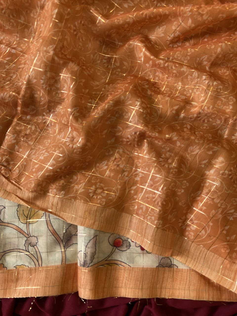 Orange Semi Tussar Silk Elephant Print Saree, view 3