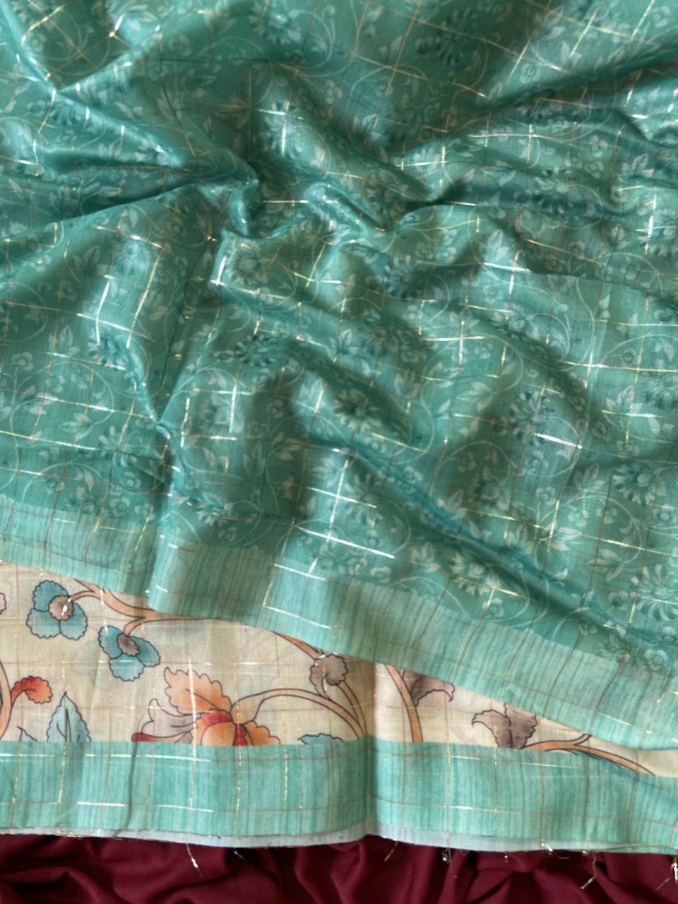 Teal Semi Tussar Silk Elephant Print Saree, view 3