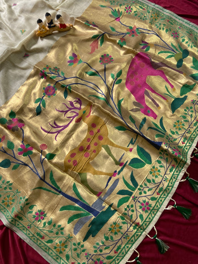 Off-White Muga Cotton Paithani Deer Pallu Saree