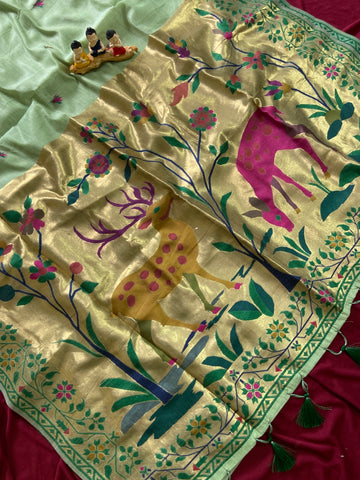 Pista Green Muga Cotton Paithani Deer Pallu Saree